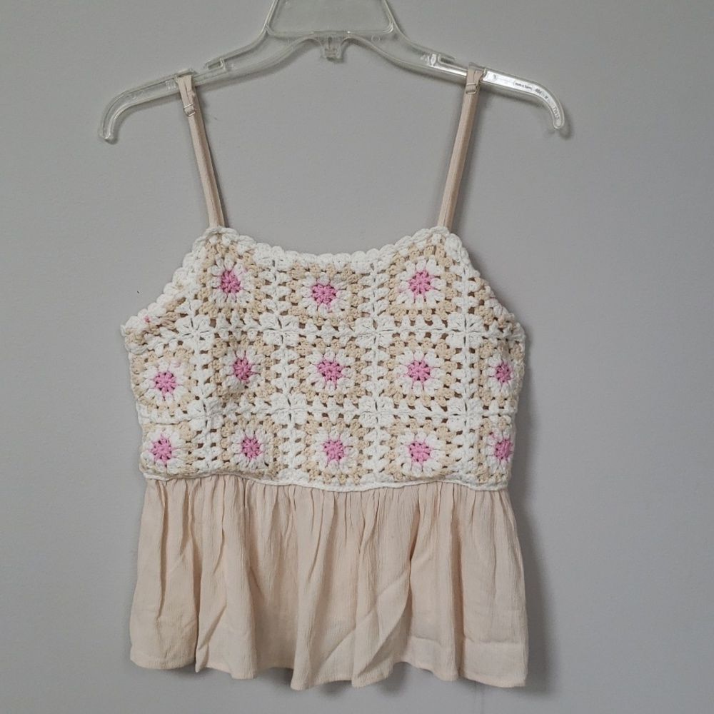 Pink Lily Tank Top Womens M Granny Square Crochet Ruffled Tier Hot Girl Summer
